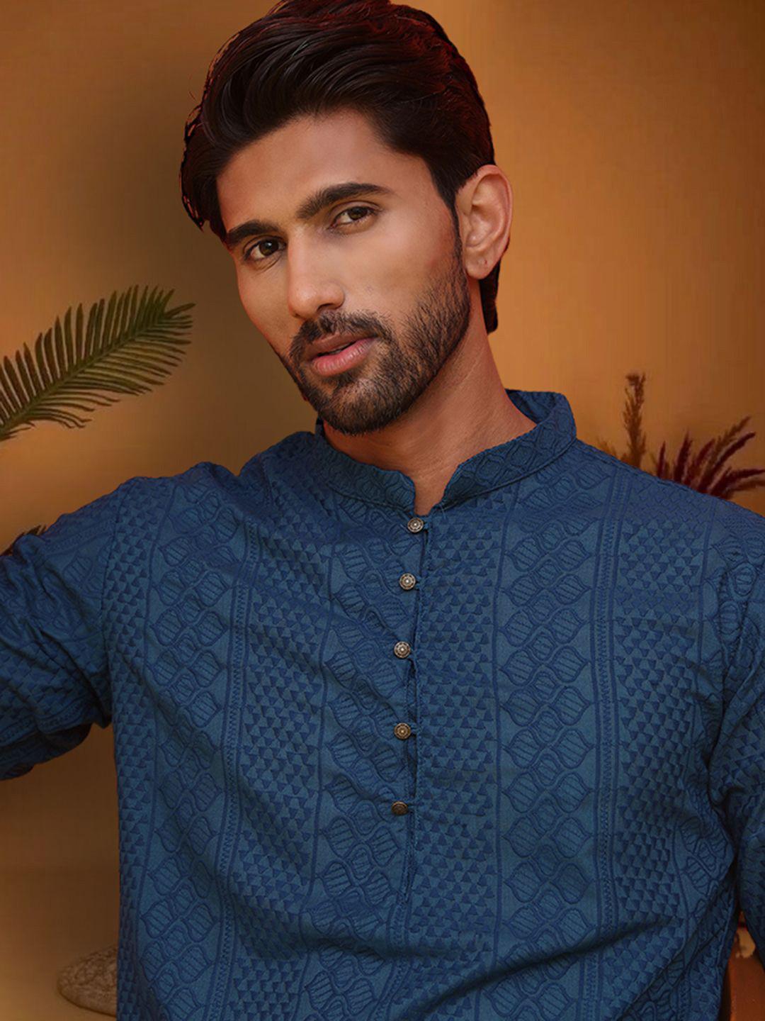 Jompers Geometric Embroidered Thread Work Mandarin Collar Straight Cotton Kurta