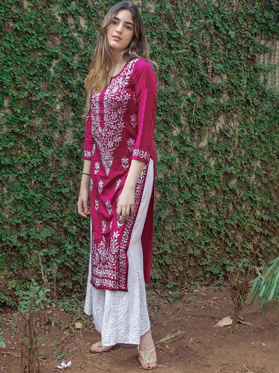 Anushansa Floral Embroidered Notch Neck Chikankari Straight Kurta