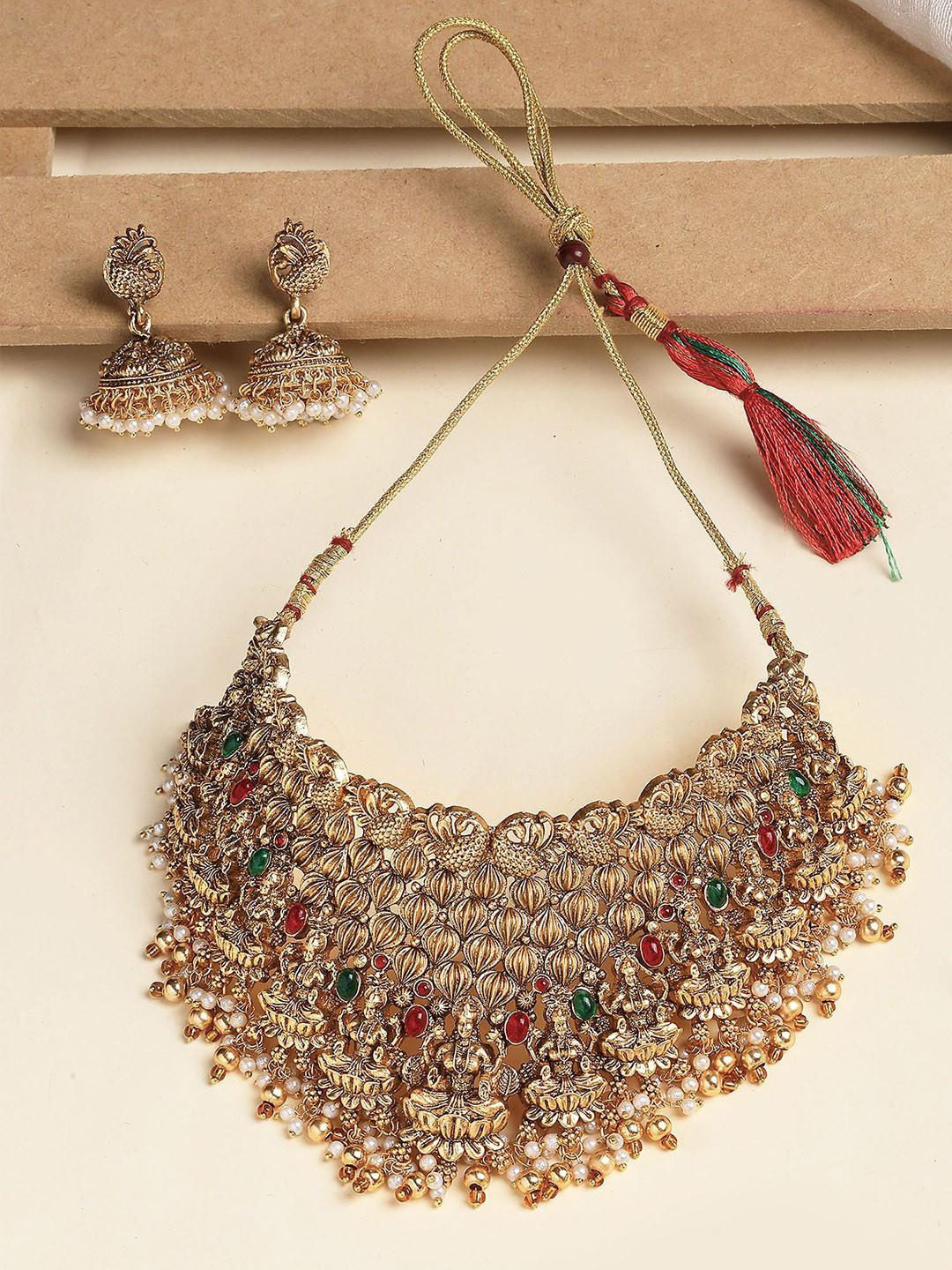 KARATCART Gold-Plated Stones Studded & Beaded Laxmi Design Choker Temple Jewellery Set