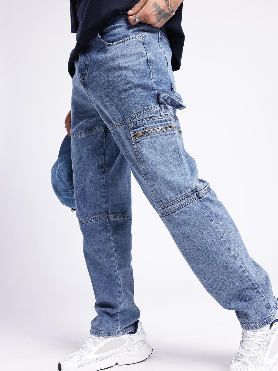 glitchez Men Boyfriend Fit Light Faded Cargo Jeans