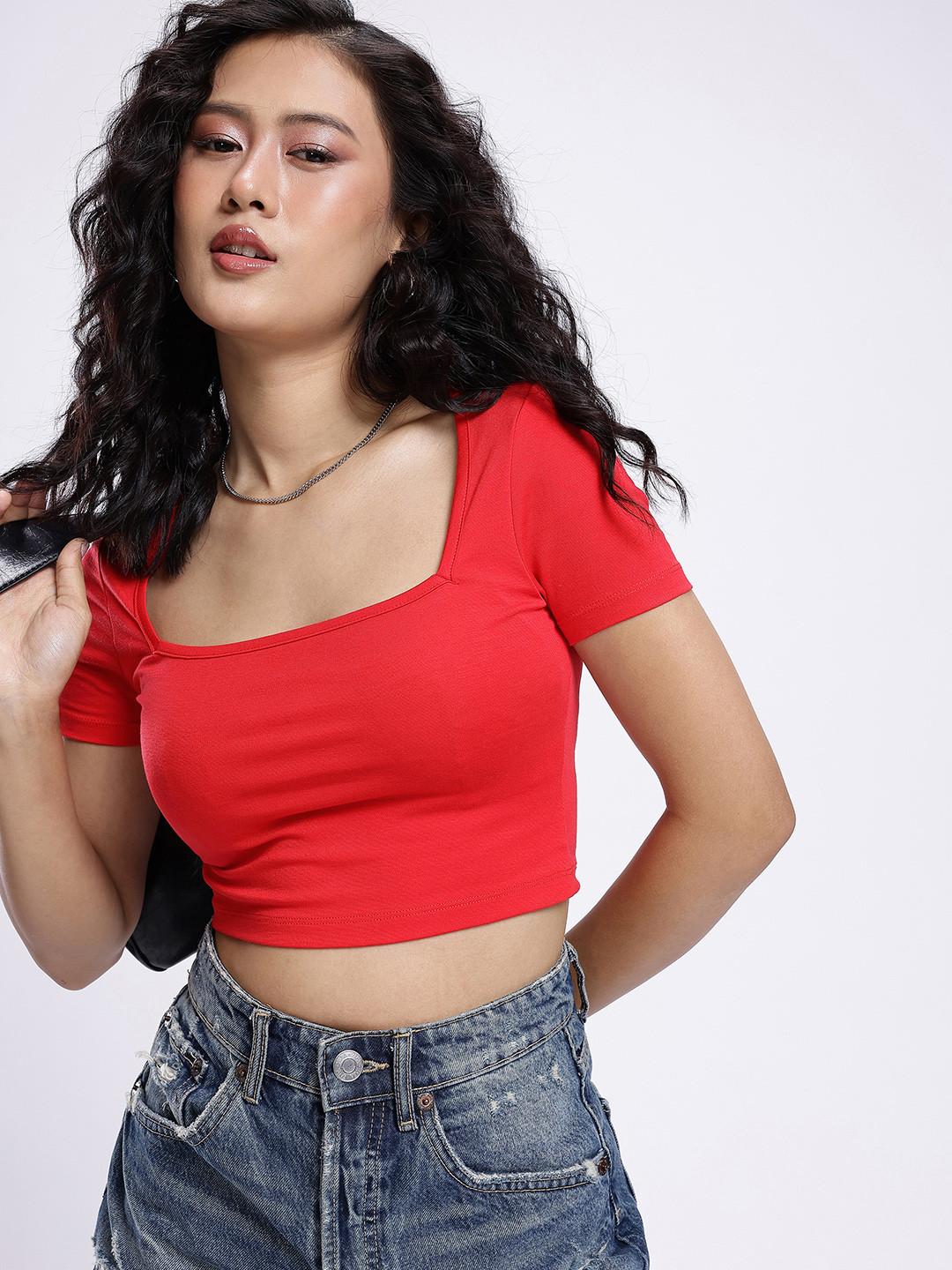 glitchez Square Neck Fitted Crop Top
