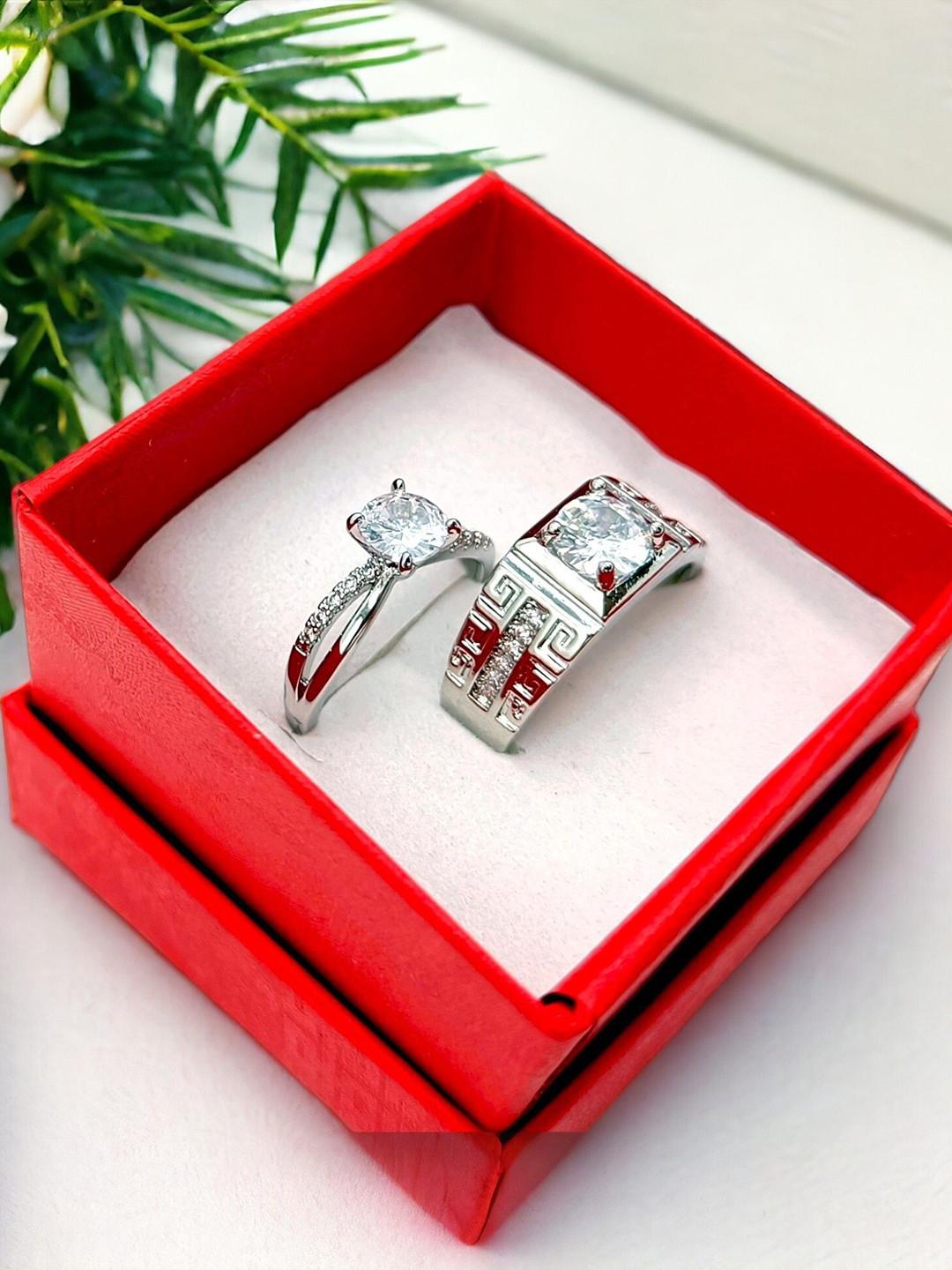 kazare Set Of 2 Rhodium-Plated Stone Studded Couple Finger Rings