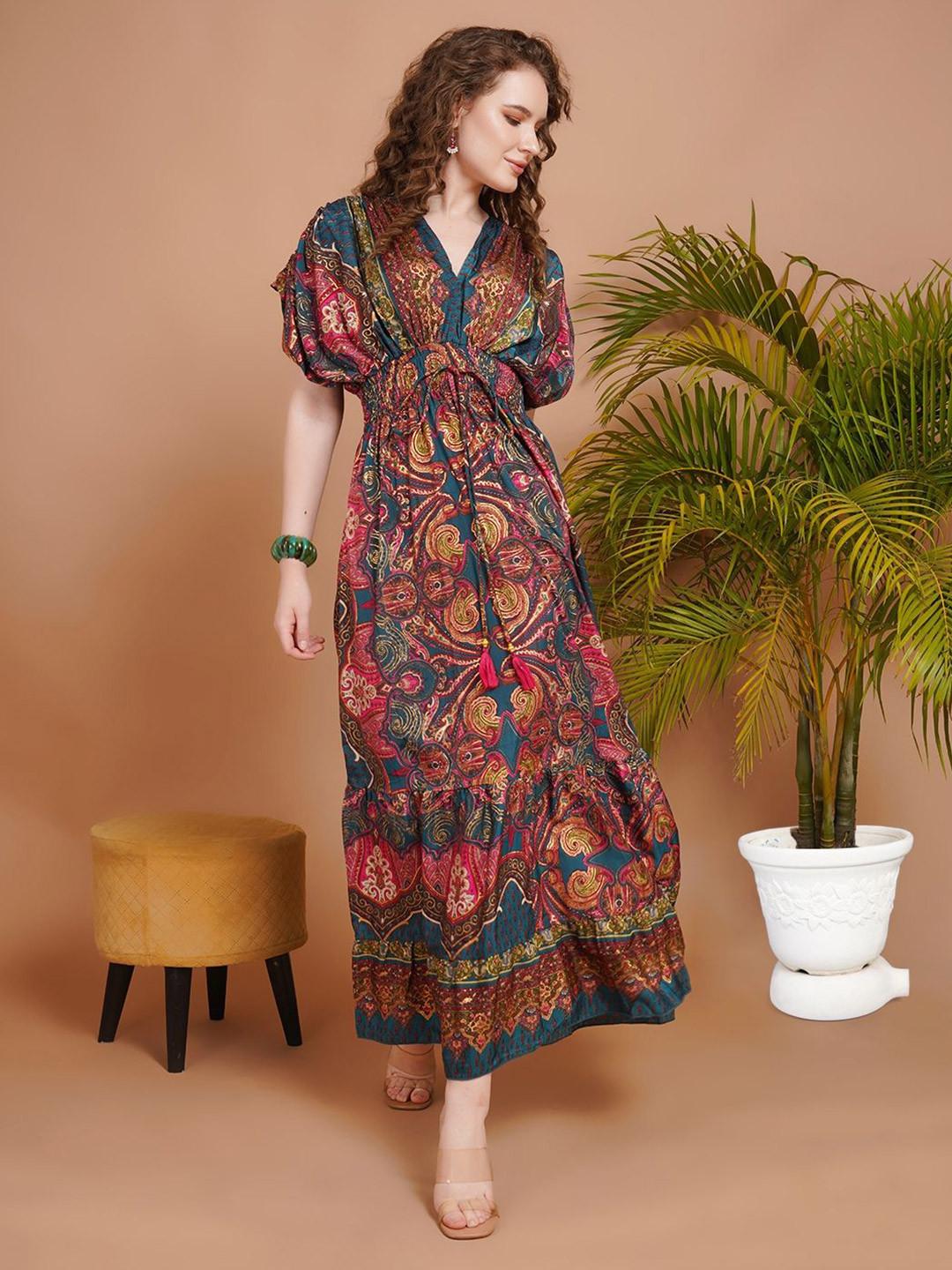 Boholyfe Women Ethnic Motifs Print Slit Sleeve Fit & Flare Maxi Dress