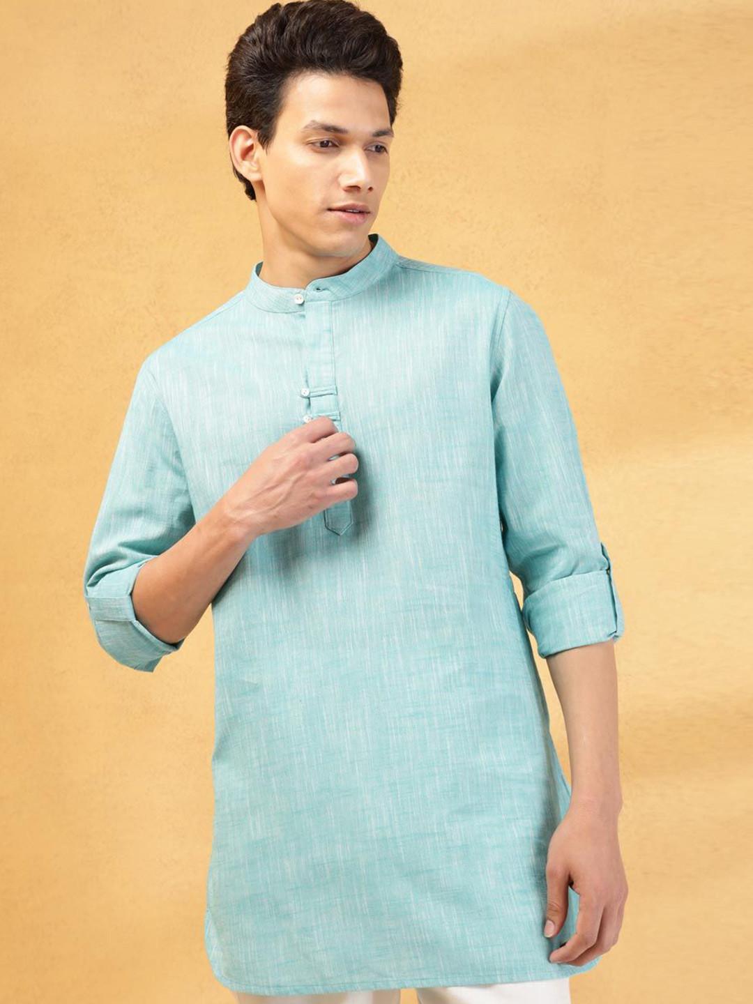 Fabindia Woven Design Band Collar Roll-Up Sleeves Cotton Straight Short Kurta