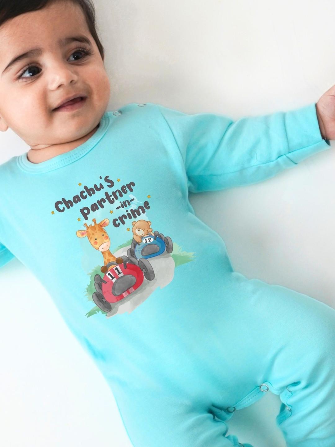 KNITROOT Infants Blue Printed Chachu Theme Cotton Romper