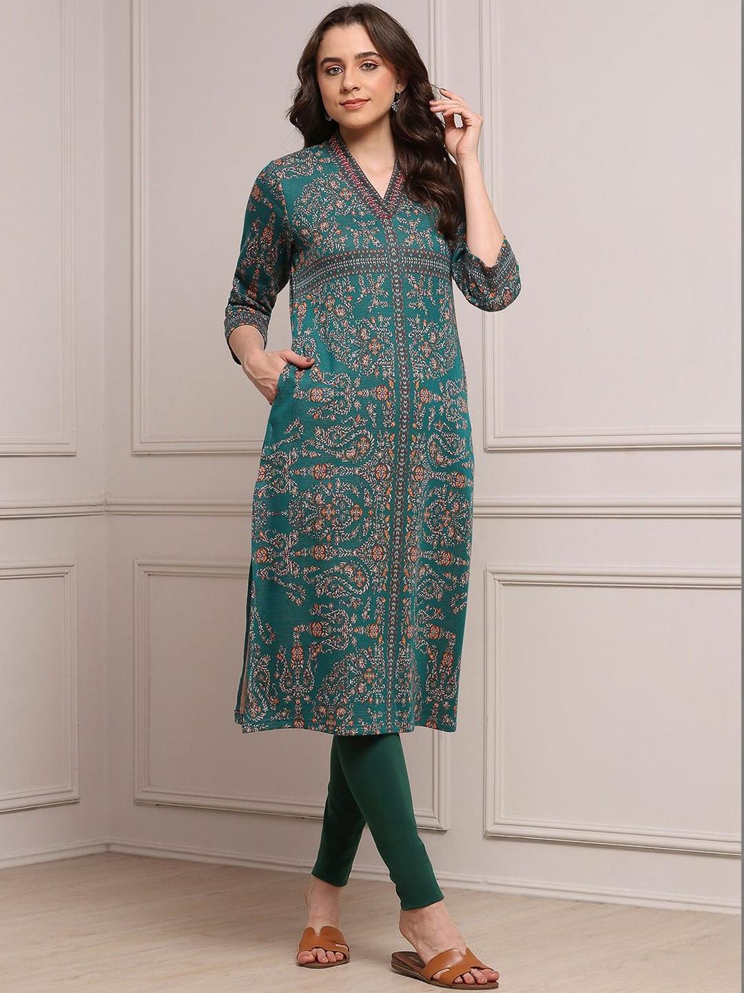 Biba Women Ethnic Motifs Printed Flared Sleeves Sequinned Kurta