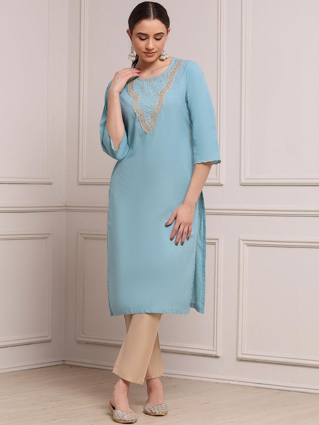 Biba Women Yoke Design Keyhole Neck Flared Sleeves Thread Work Kurta