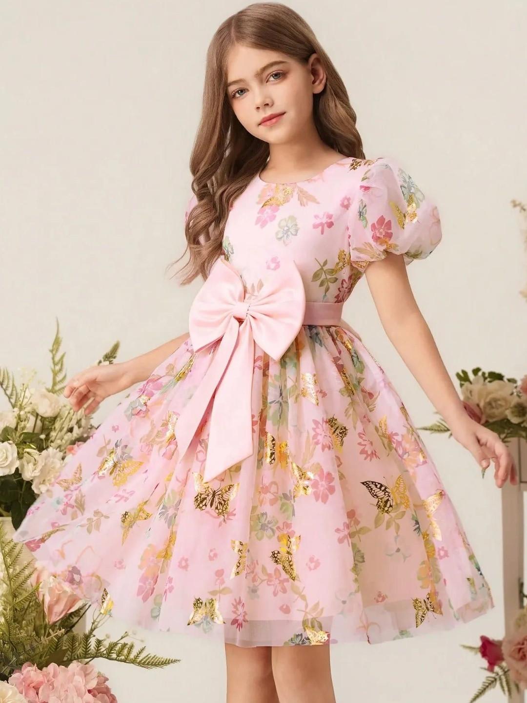 Sangria Girls Floral Print Flutter Sleeve Fit & Flare Dress