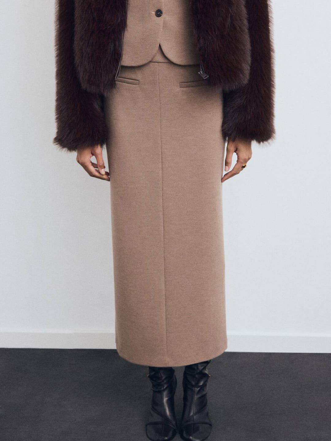 MANGO Mid-Rise Pencil Midi Skirt with Back Slit