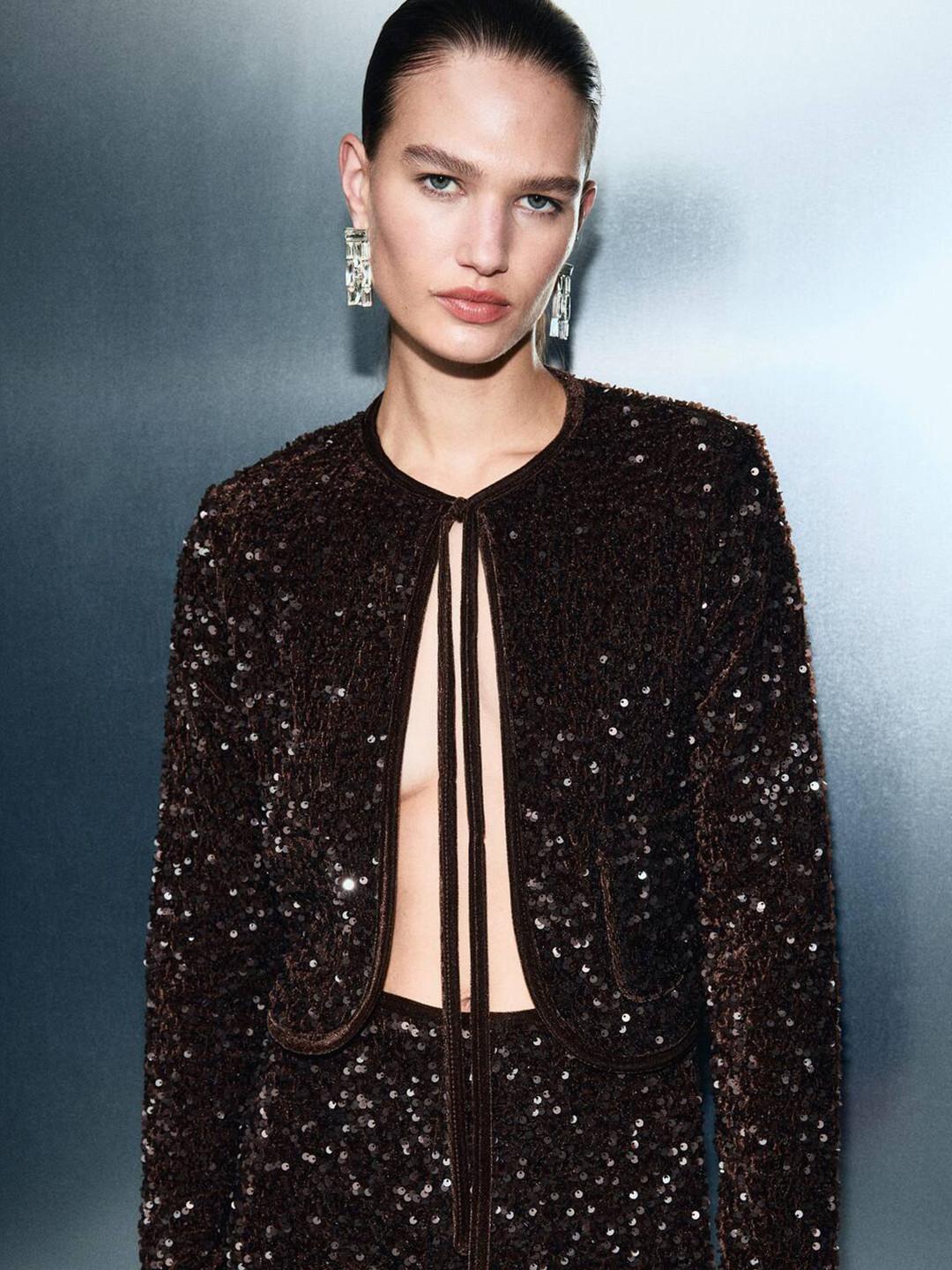 MANGO Sequin Embellished Crop Tailored Jacket with Tie-Up Detail