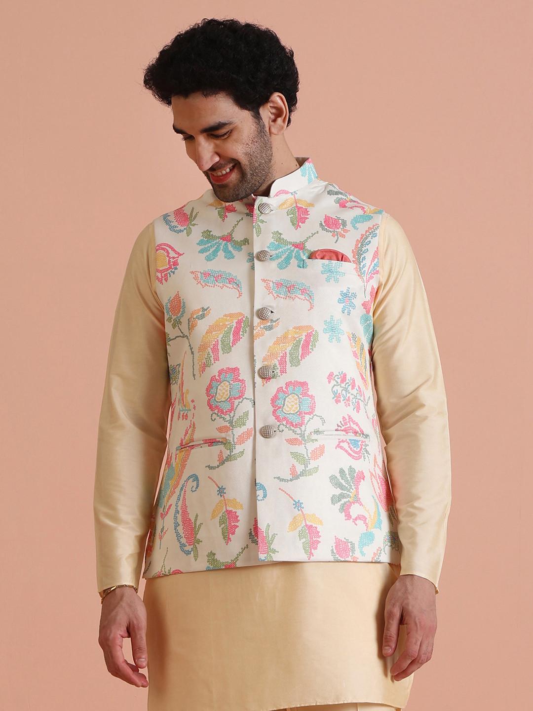 KISAH Men Printed Zari Regular Fit Nehru Jacket