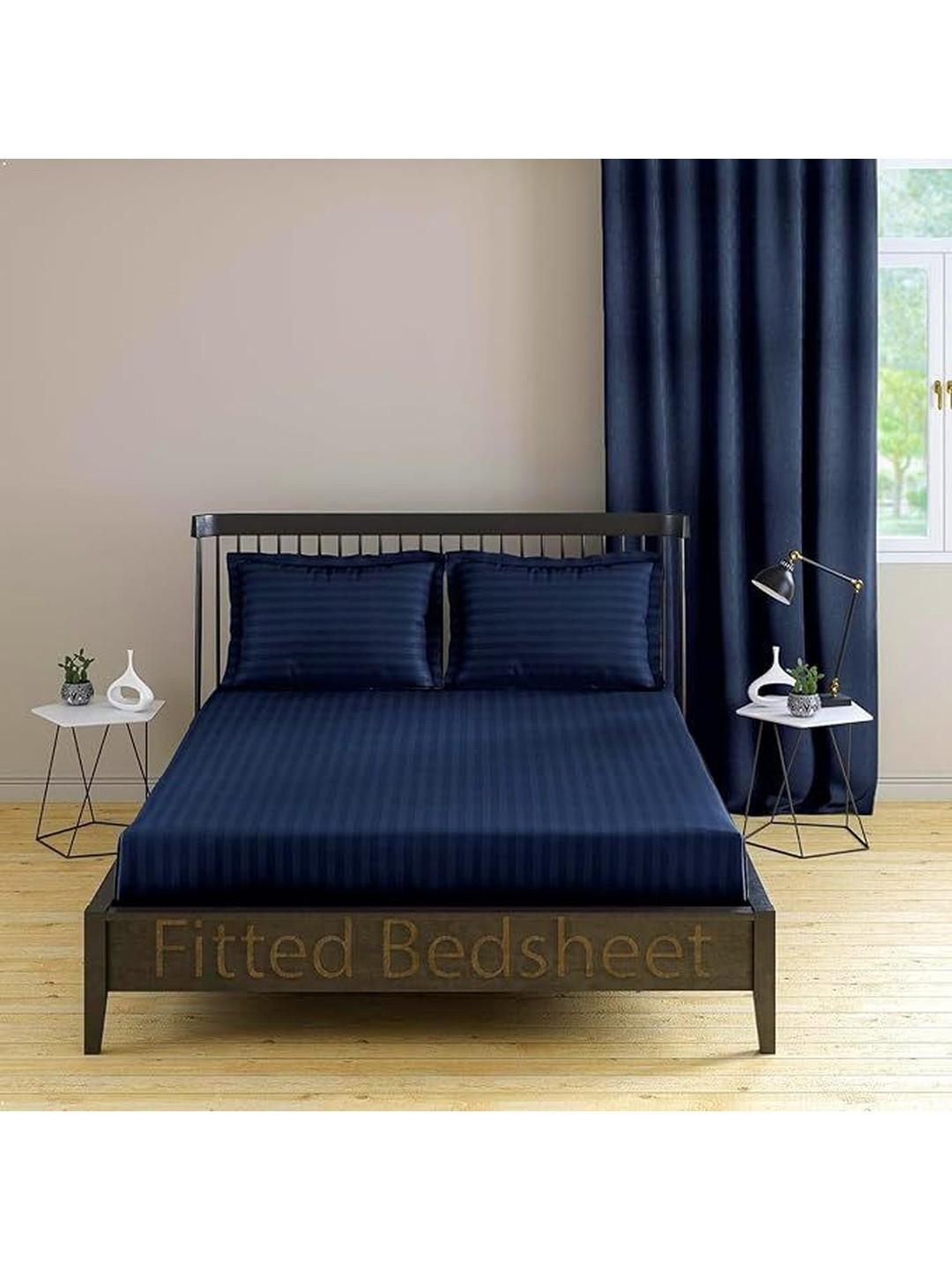 LUZDECOR Navy Blue & Navy Blue Striped Bedsheet with 2 Pillow Covers