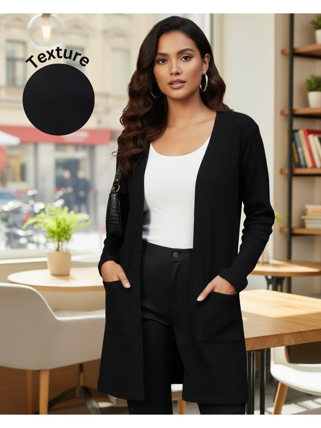 Rigo Women Black Cotton Waffle Full-Sleeve Open-Front Longline Shrug