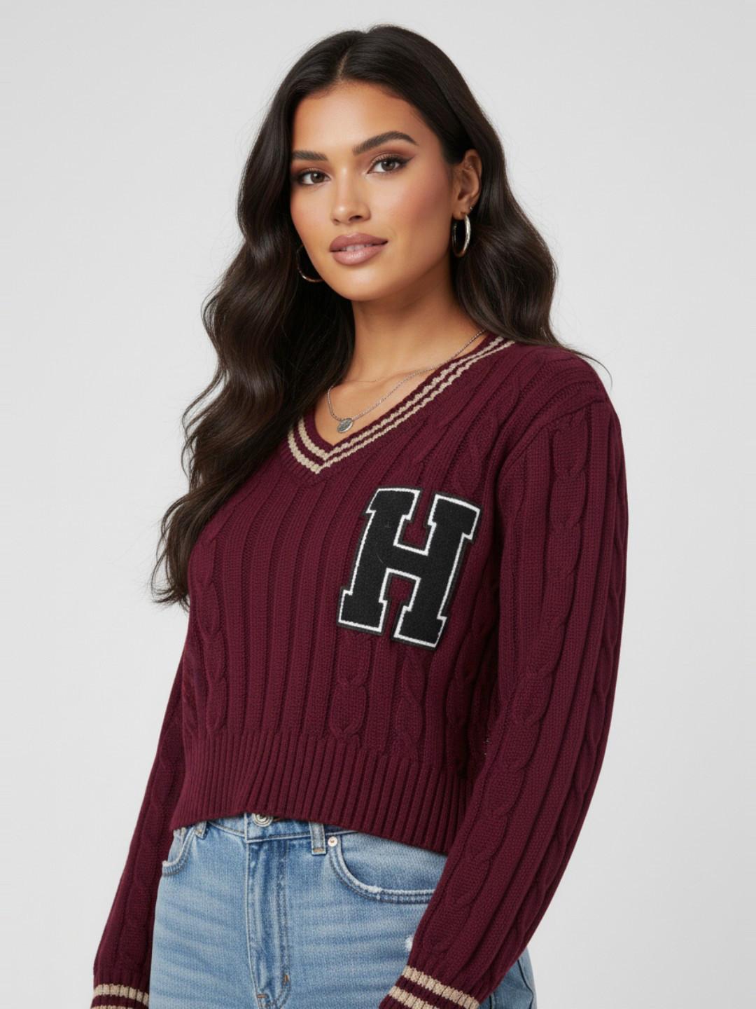 glitchez Ribbed Cable Knit V-Neck Crop Oversized Pullover with Applique Detail