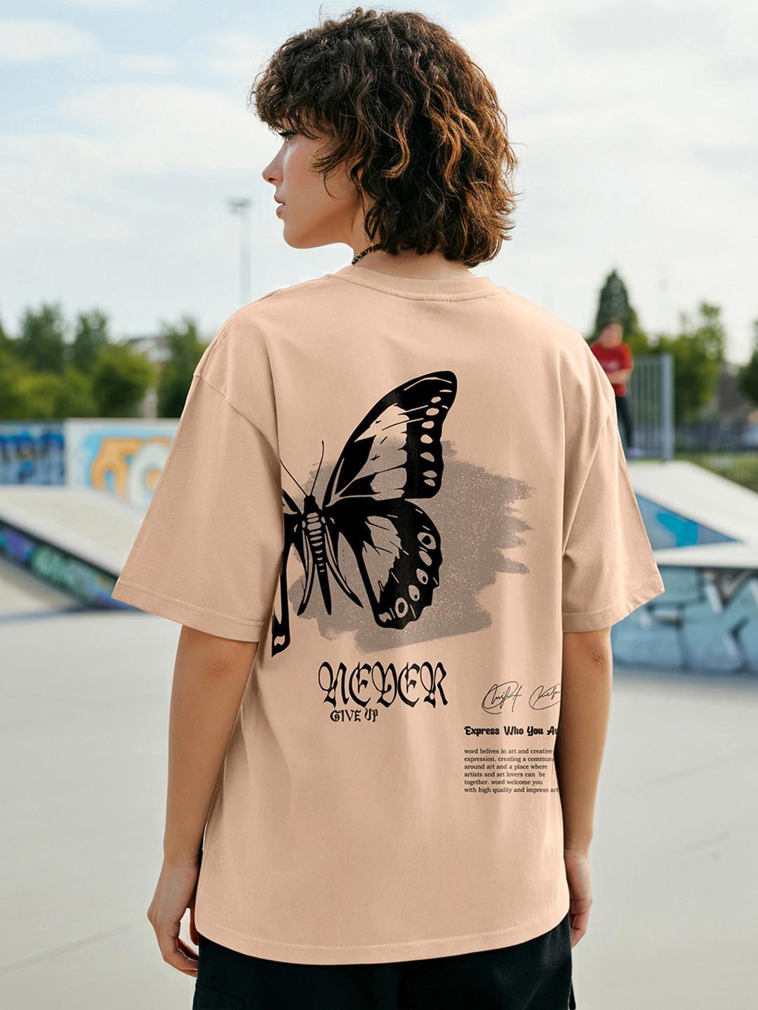 Bewakoof Never Give Up Graphic Printed Drop-Shoulder Sleeves Oversized Cotton T-shirt