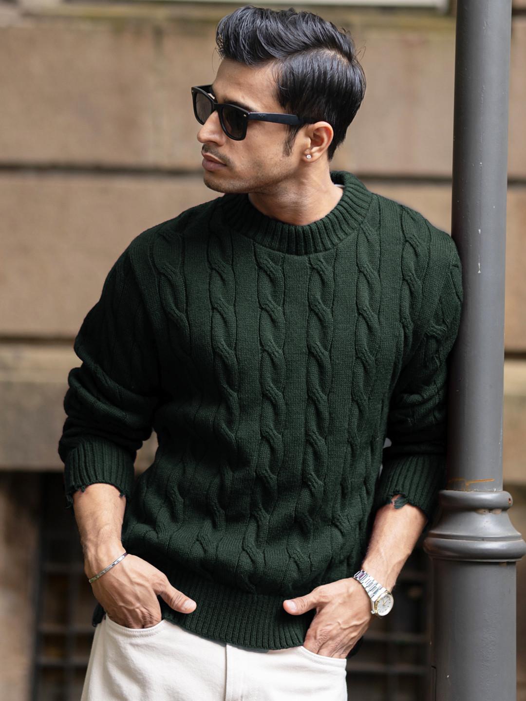 Powerlook Men Cable Knit Round Neck Long Sleeves Pullover Sweater