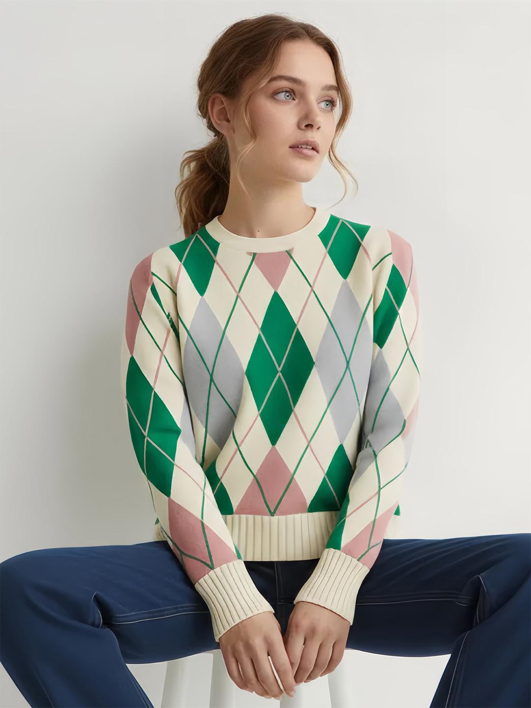 Styli Women Vintage Argyle Multi Color Regular Fit Pullover Sweater