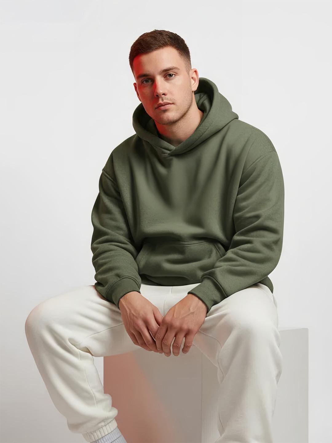 Styli Men Solid Fleece Relaxed Fit Casual Pullover Hoodie With Kangaroo Pocket