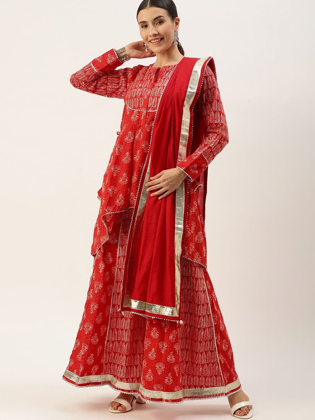 KALINI Red Solid Dupatta with Lace & Tassles