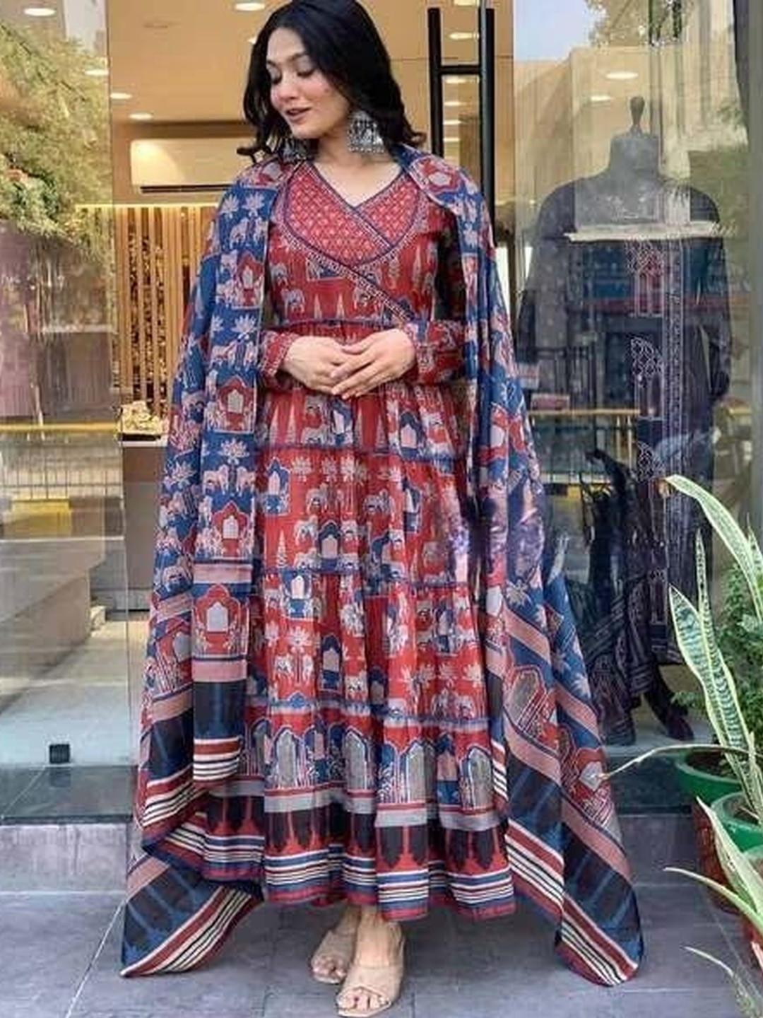 Fabinn Women Ethnic Motifs Printed Tiered Kurta with Trousers & With Dupatta