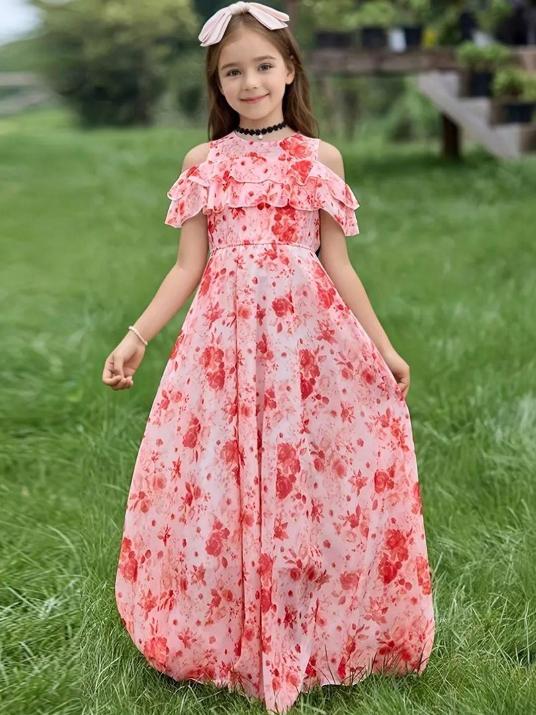 Sangria Girls Floral Printed Cotton Round Neck Fit & Flare Maxi Dress