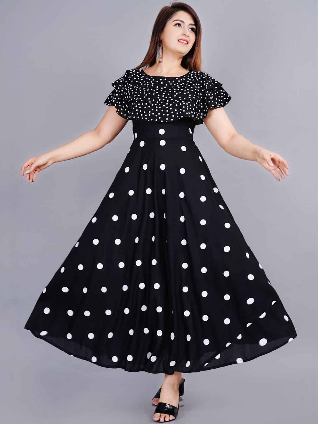 PRADHRUHE Polka Dot Print Flutter Sleeve Ruffled Maxi Dress