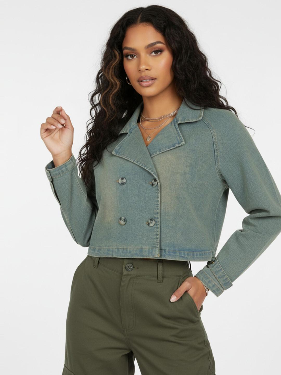 glitchez Notched Lapel Crop Denim Jacket