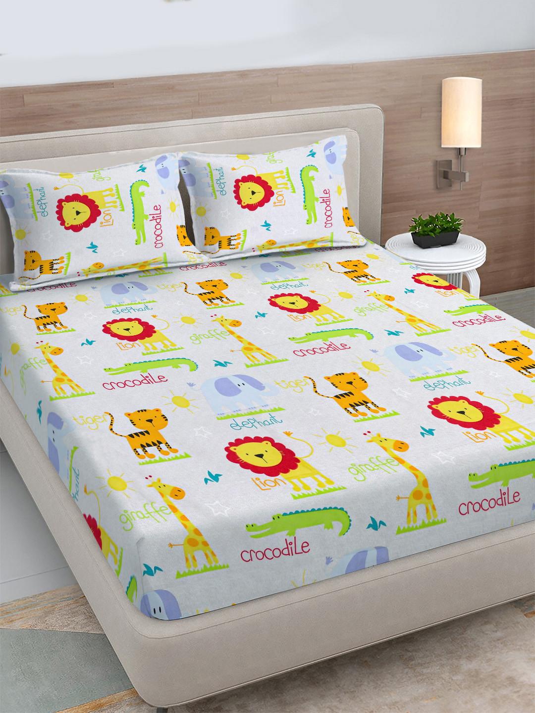FABINALIV Blue Cartoon Print Polycotton 300 TC King Fine Bedsheet with 2 Pillow Covers