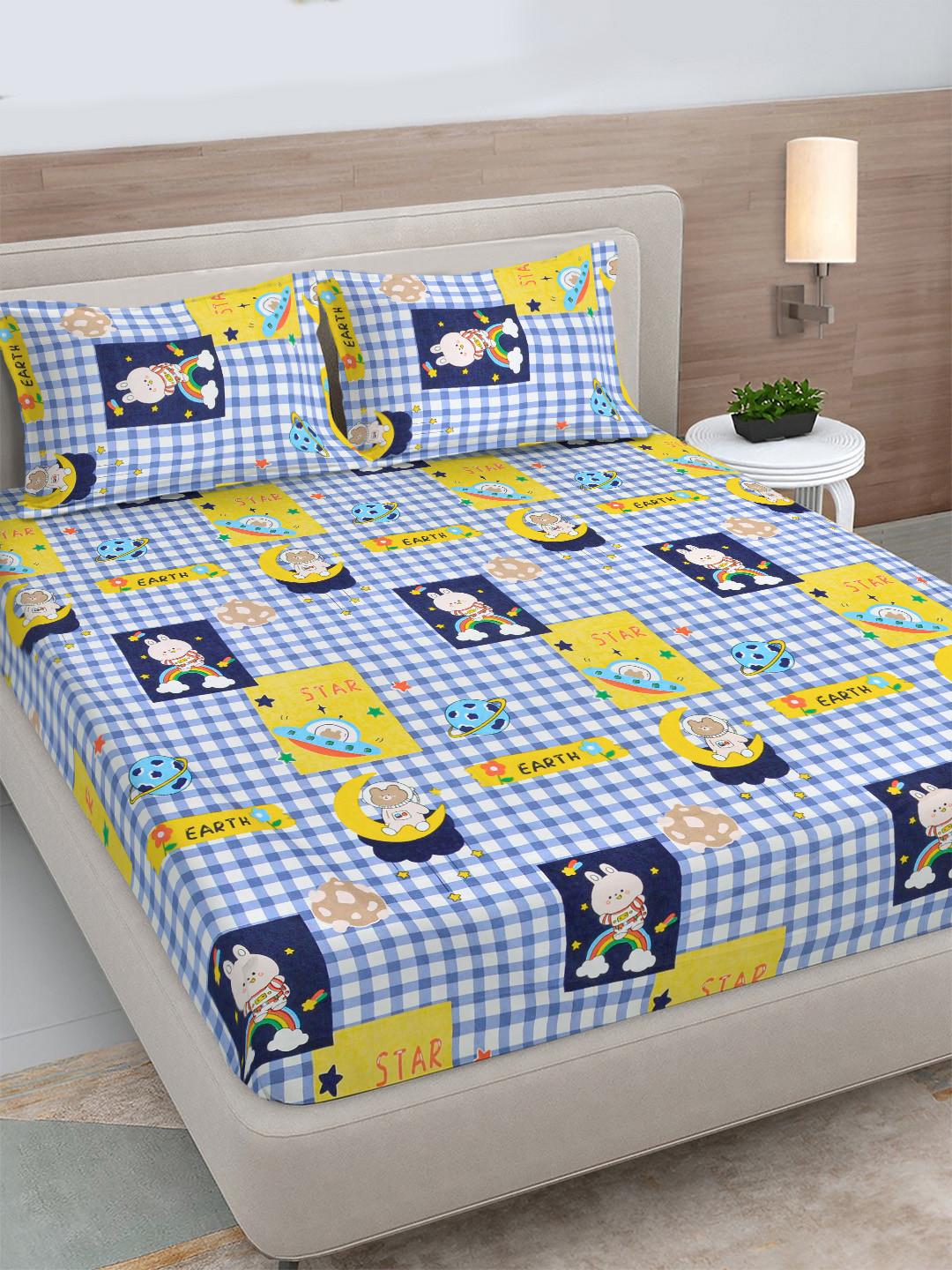 FABINALIV Blue Cartoon Print Polycotton 300 TC King Fine Bedsheet with 2 Pillow Covers