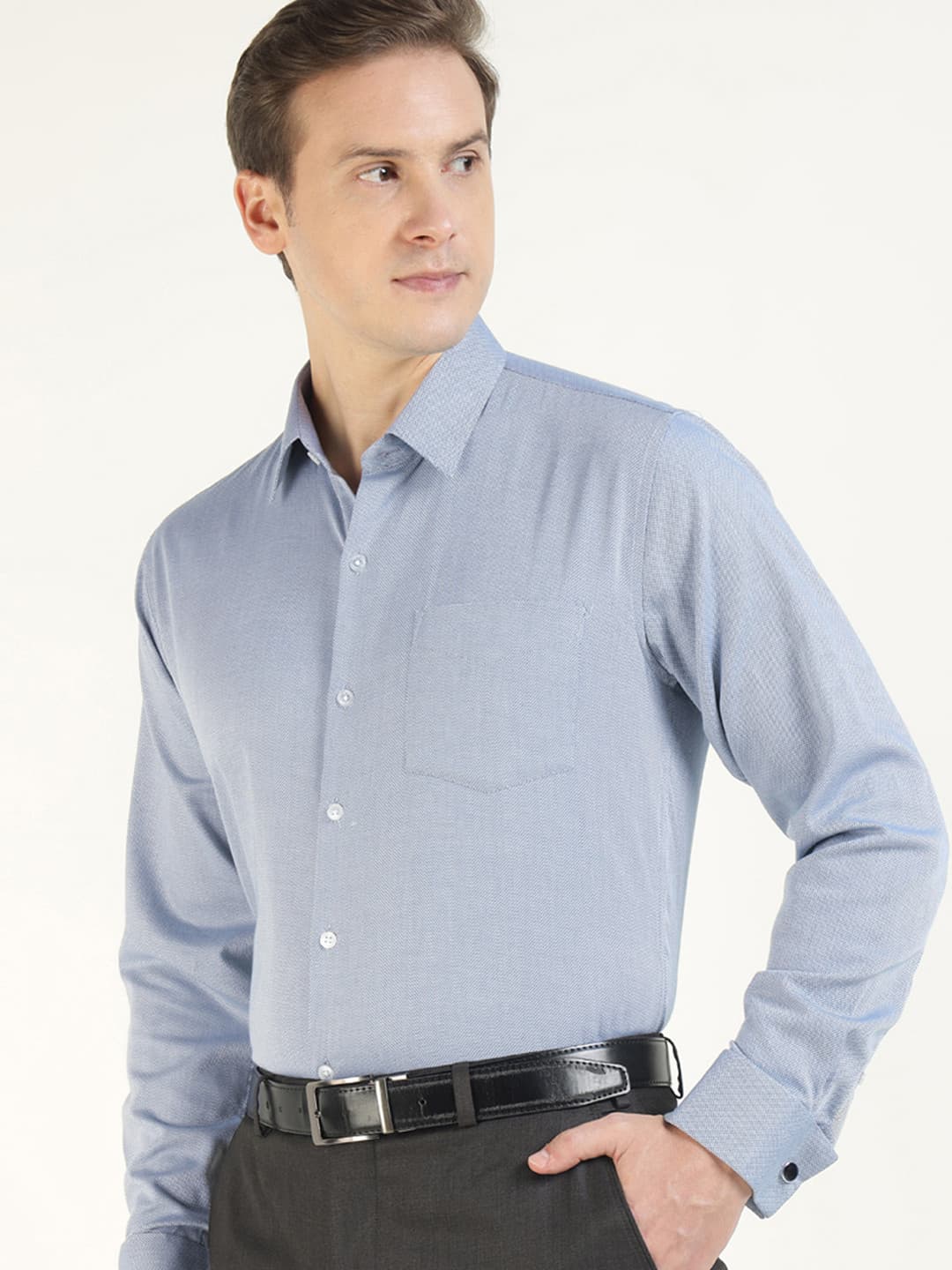 Men Self Design Herringbone Weave French Cuff Pure Cotton Slim Fit Formal Shirt