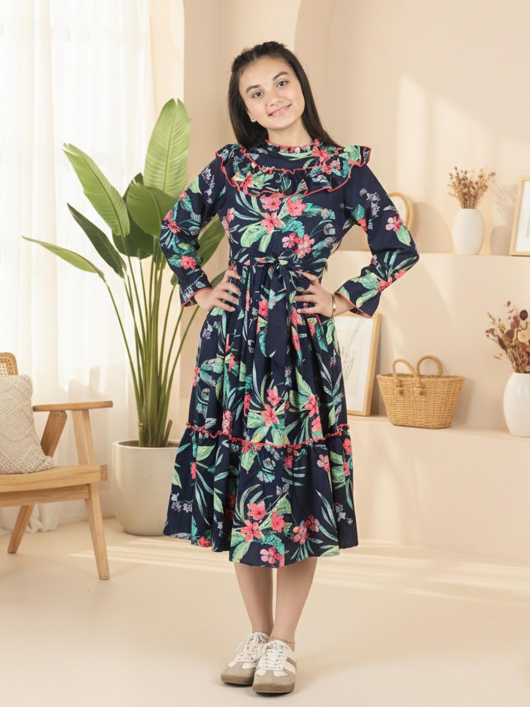 Cutiekins Girls Floral Printed Puff Sleeve Ruffled Fit & Flare Midi Dress