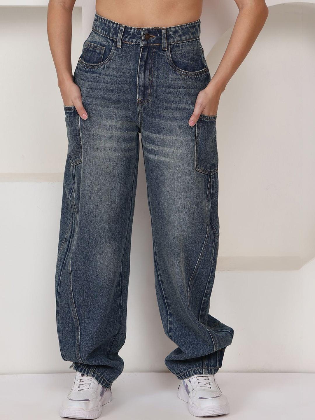 PUELLA Women Baggy Fit High-Rise Light Fade Cargo Jeans