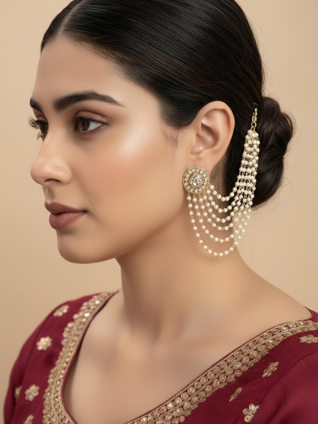 NVR Pearl Studded Classic Gold-Plated 5 Line Ear Chain Ear Chain