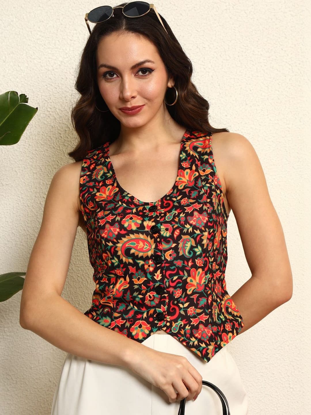 BAESD Women Printed V-Neck Woven Waistcoat