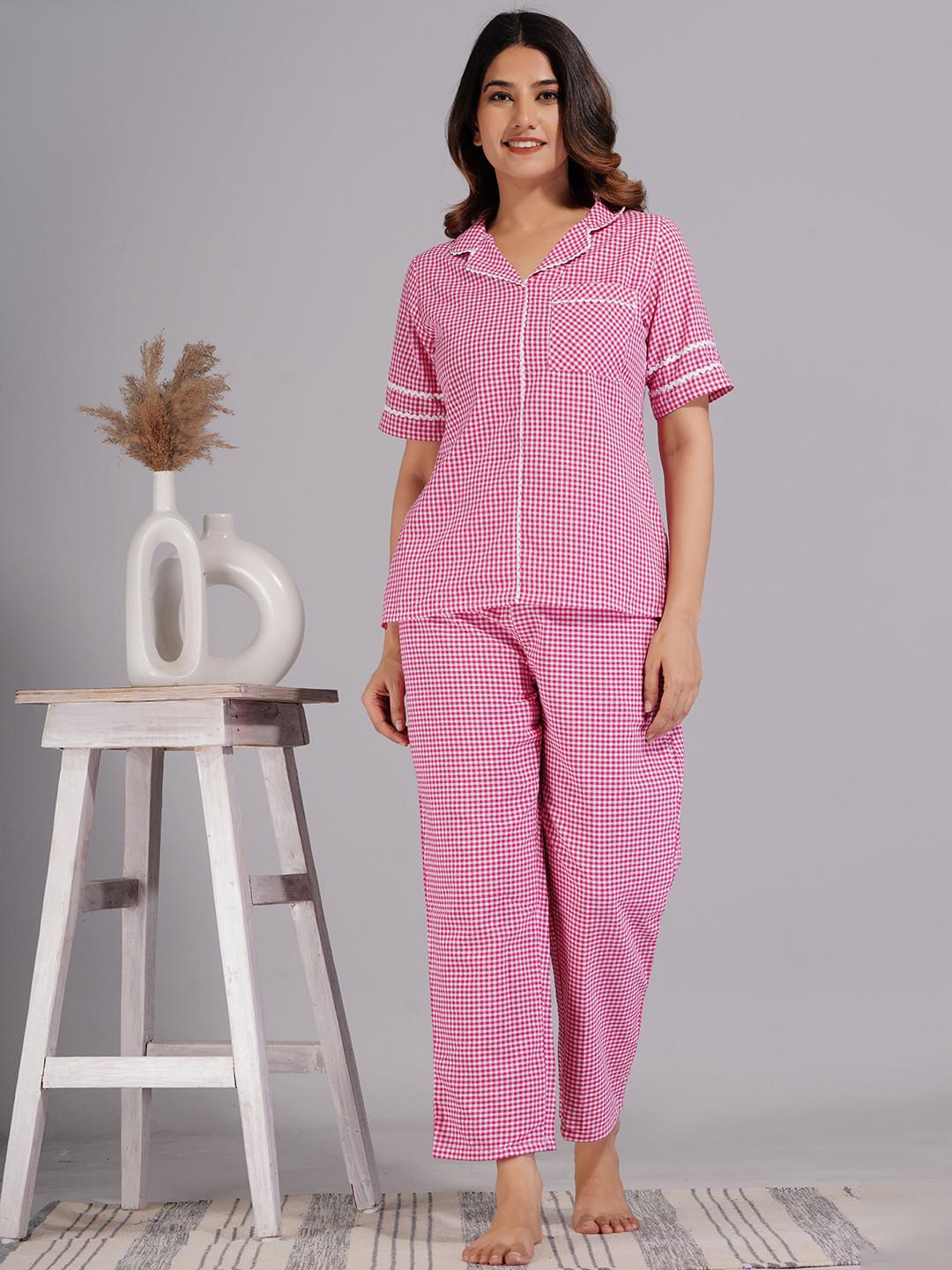 Ameerah Women Checked Lapel Collar Night suit