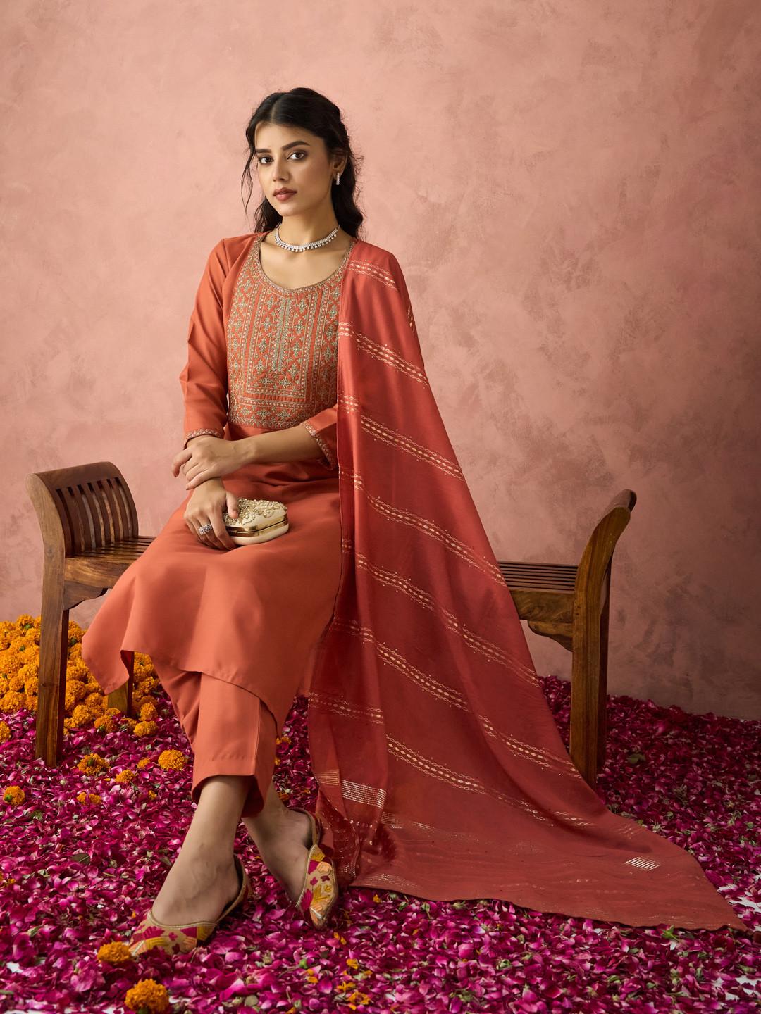 KALINI Ethnic Motifs Yoke Design Embroidered Kurta with Trousers & Dupatta