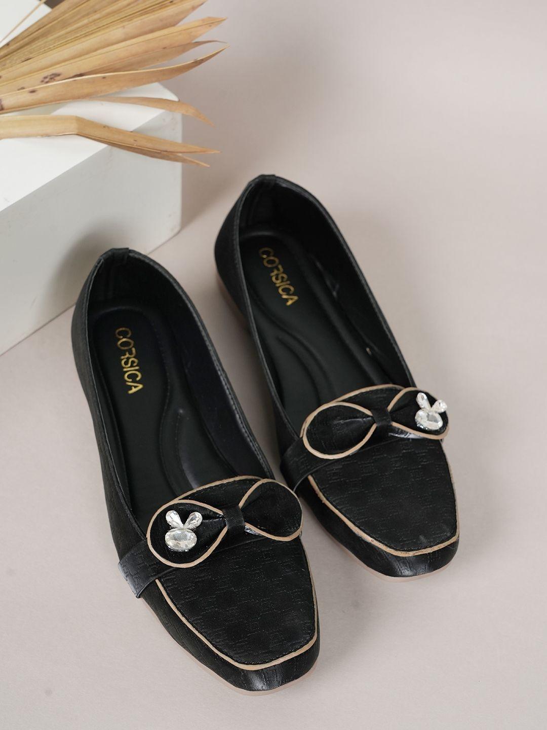 CORSICA Women Textured Square Toe Slip-On Ballerinas with Bows