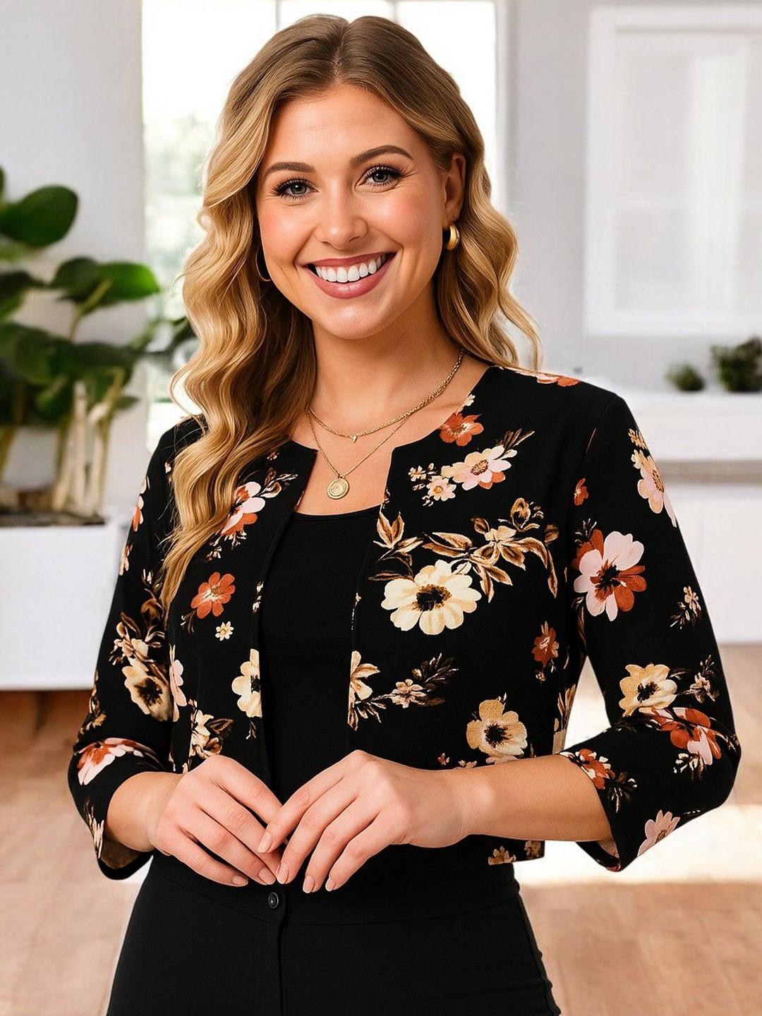 SZN Printed Mandarin Collar Open-Front Crop Shrug