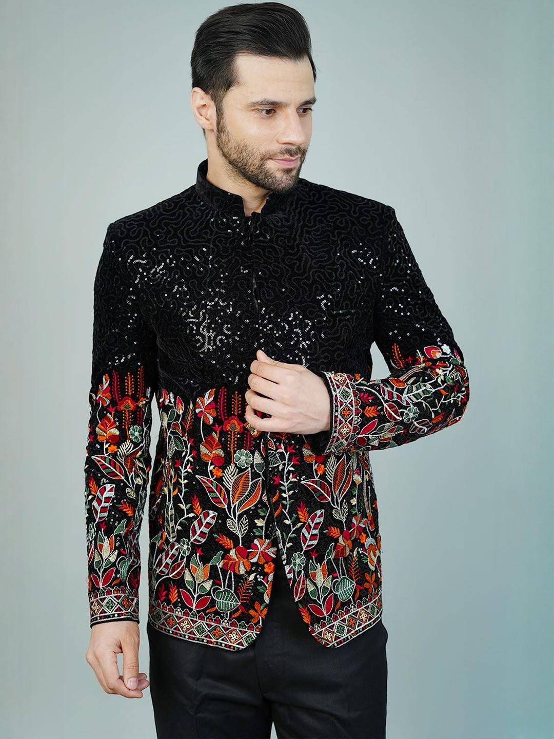 Wintage Self Design Embroidered Mandarin Collar Black Bandhgala Blazer
