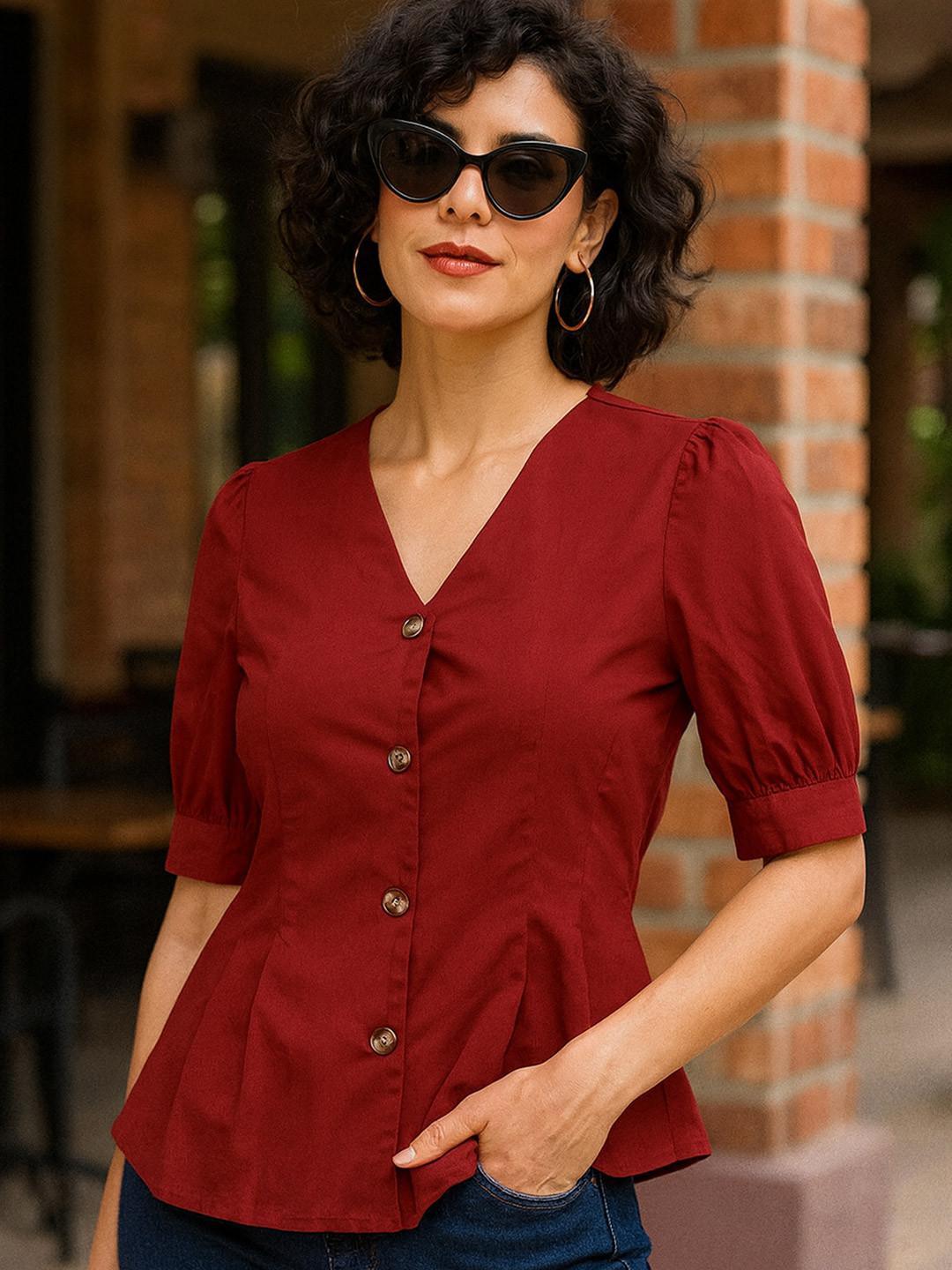 Hancock Women Solid Collarless Pure Cotton Pleated Formal Shirt