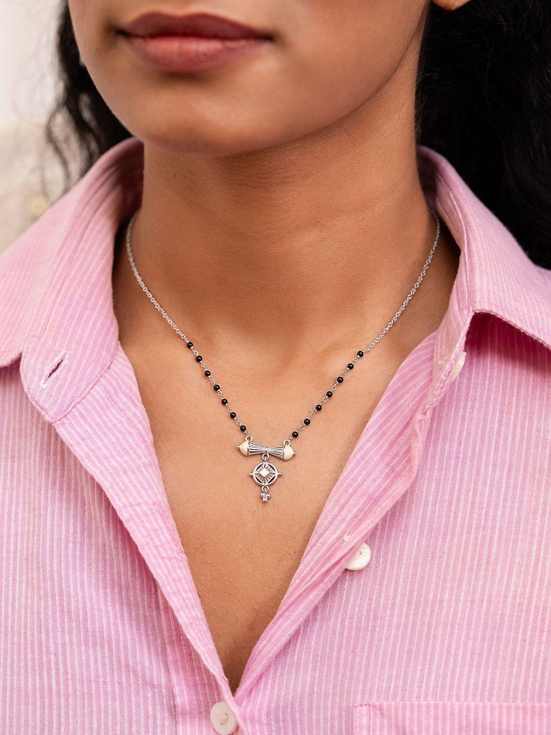 SHAYA 925 Silver Artificial Stones Studded and Beaded Chaukhdi Mangalsutra Necklace