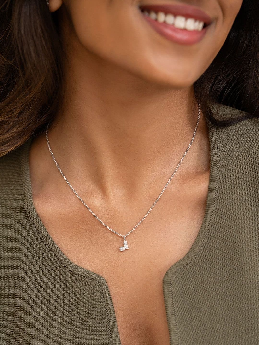 SHAYA 925 Silver Cubic Zirconia Studded Heart-Charm Pendant With Chain