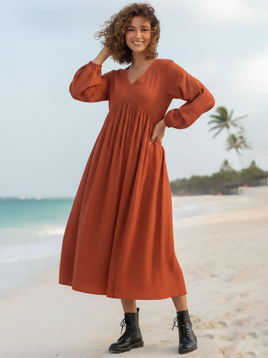 AADVIKA Puff Sleeve Crepe A-Line Maxi Dress