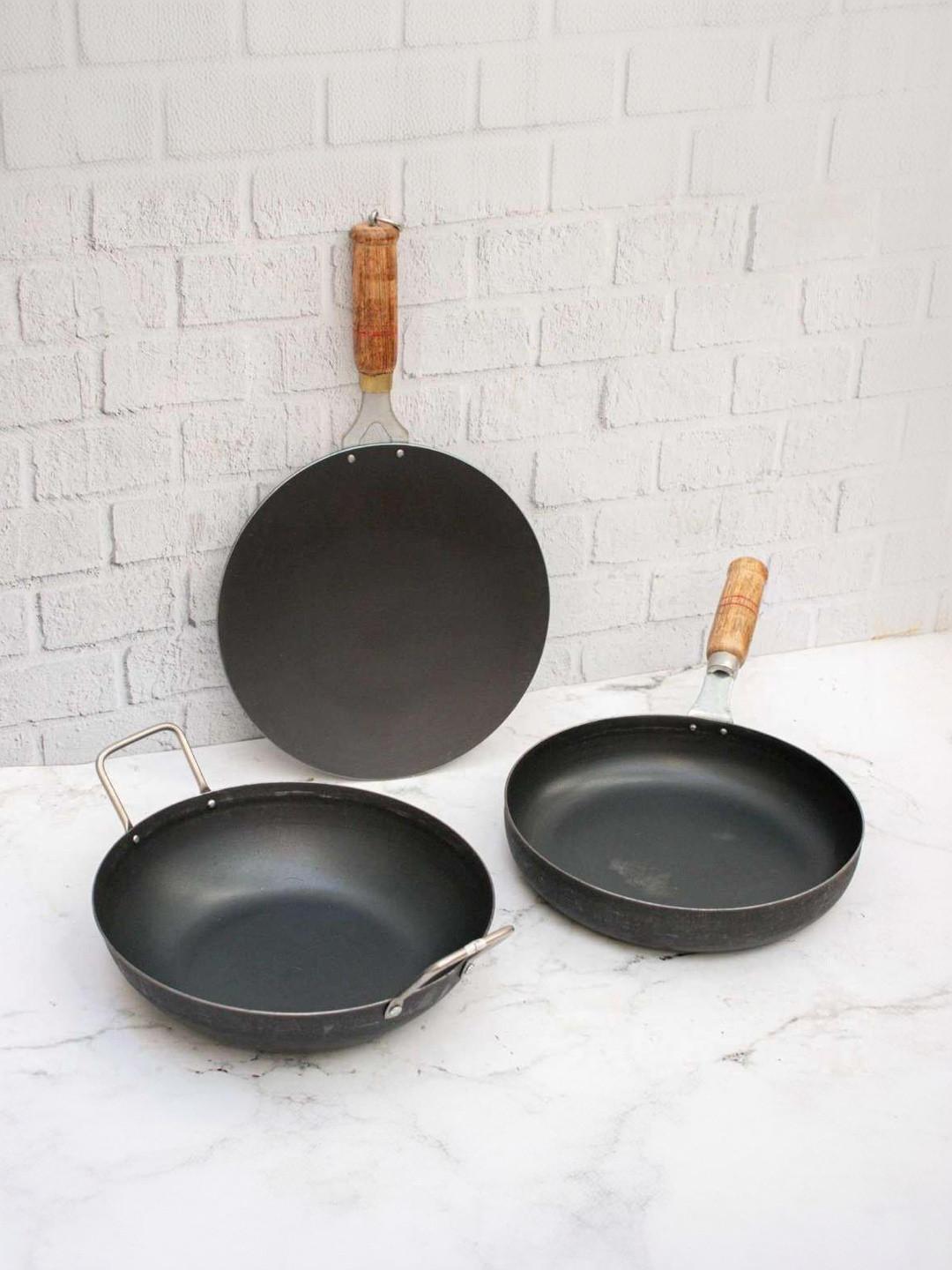 Zishta Black Solid Pre-Seasoned 3-Piece Iron Fry Pan-Tawa-Kadai Cookware Set
