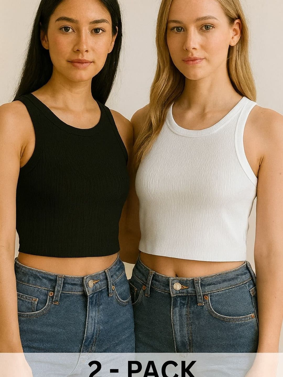 BerryBird Women Pack Of 2 Sleeveless Round Neck Ribbed Crop Tank Tops