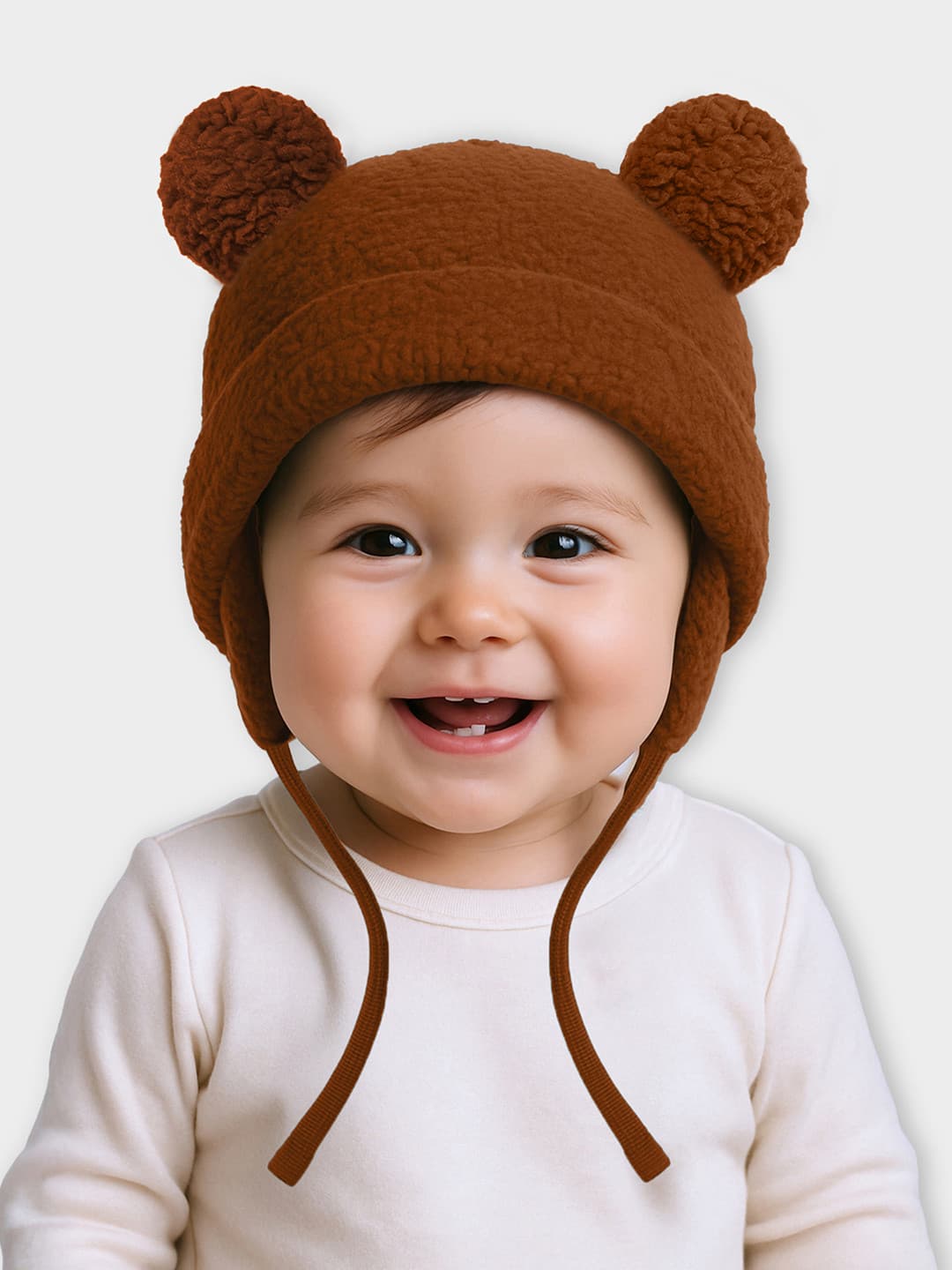 MiArcus Kids Brown Solid Knitted Pom Pom Cap