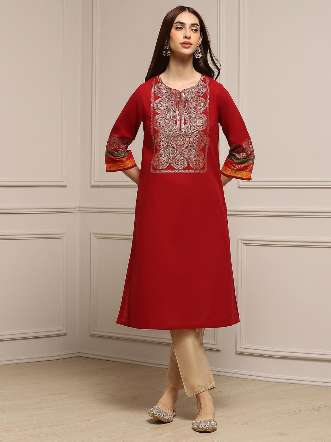 Biba Ethnic Motifs Yoke Design Thread Work Pure Cotton Straight Kurta