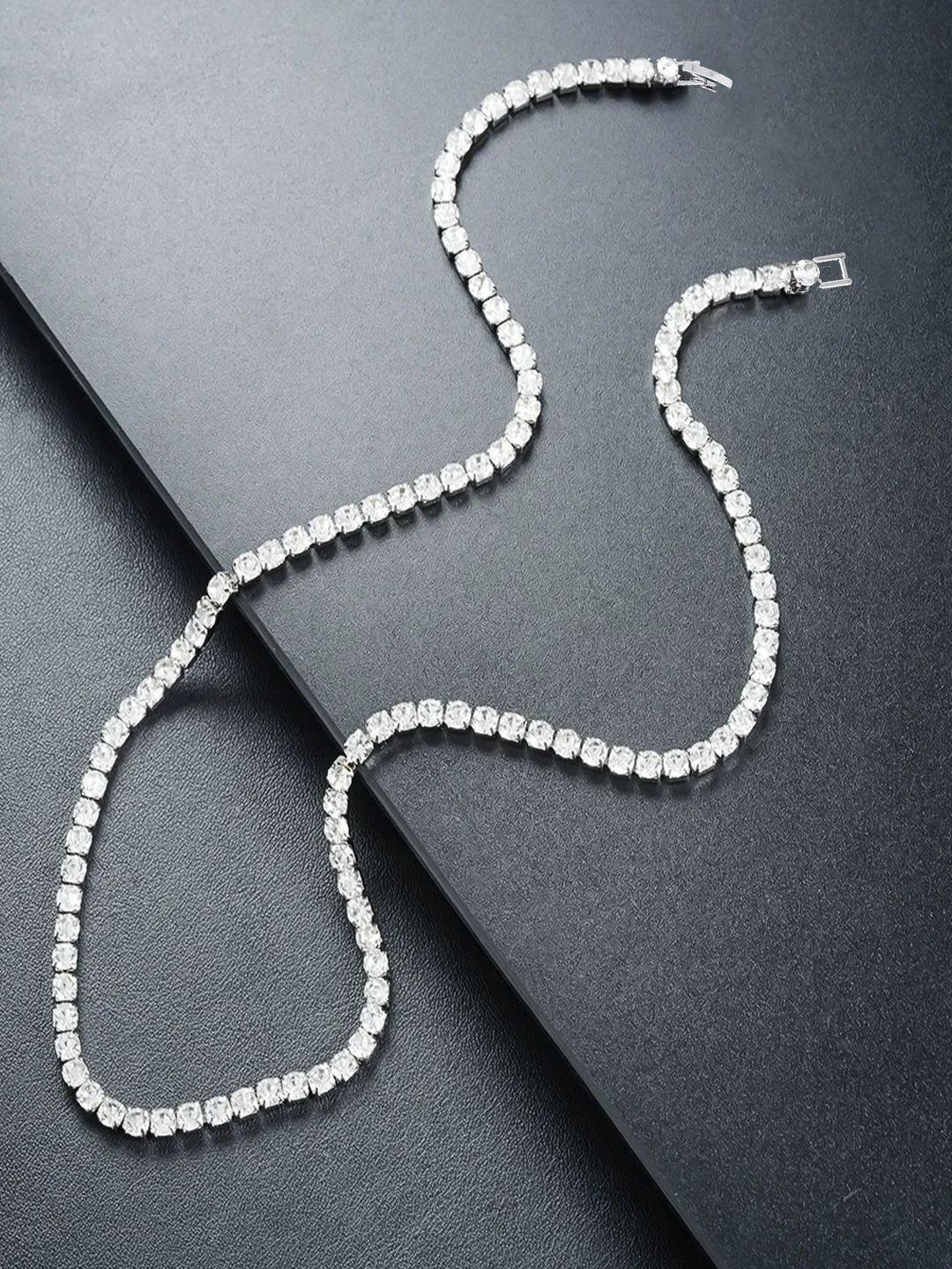 FIMBUL Silver-Plated Round Cut Stone-Studded Tennis Chain Necklace