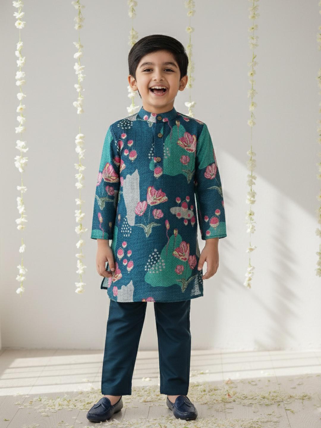 Sangria Boys Floral Printed Pure Cotton Kurta With Trousers
