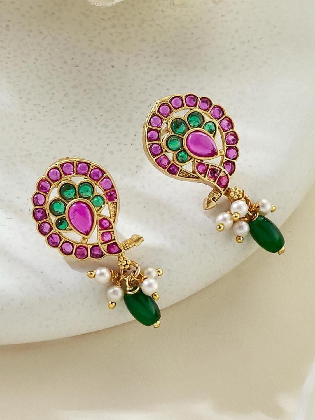 Fabindia Gold Plated Artificial Stones Studded & Beaded Peacock Shaped Drop Earrings